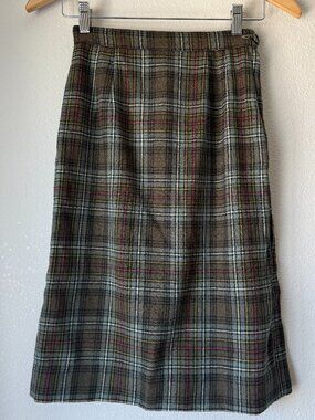 Vintage 60s Wool Brown Plaid Pencil Skirt I Size XS